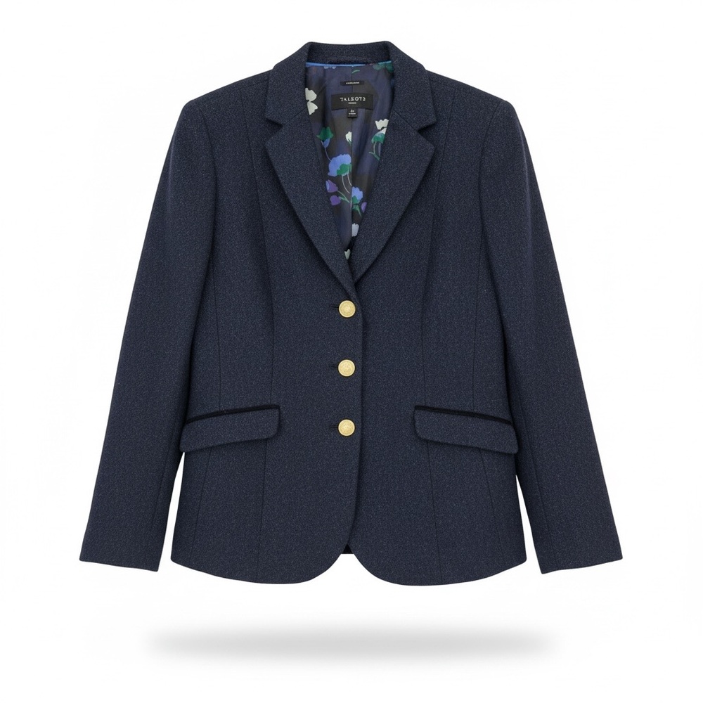 Talbots Aberdeen Wool Blend Blazer Navy Blue Lined 10P Gold Button Preppy Office